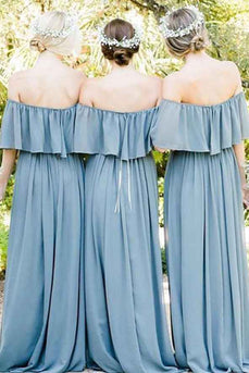 Dusty Blue A-Line Off the Shoulder Long Chiffon Boho Bridesmaid Dress
