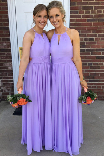 Lavender A-Line Round Neck Long Pleated Chiffon Boho Bridesmaid Dress