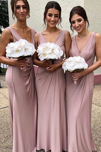 Pink Fitted Spandex Draped Long Bridesmaid Dress