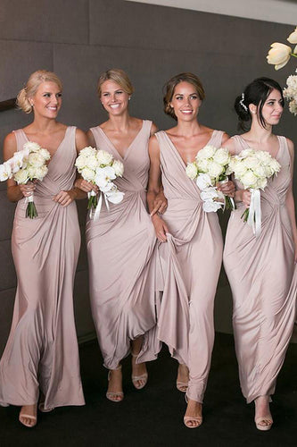 Pink Fitted Spandex Draped Long Bridesmaid Dress