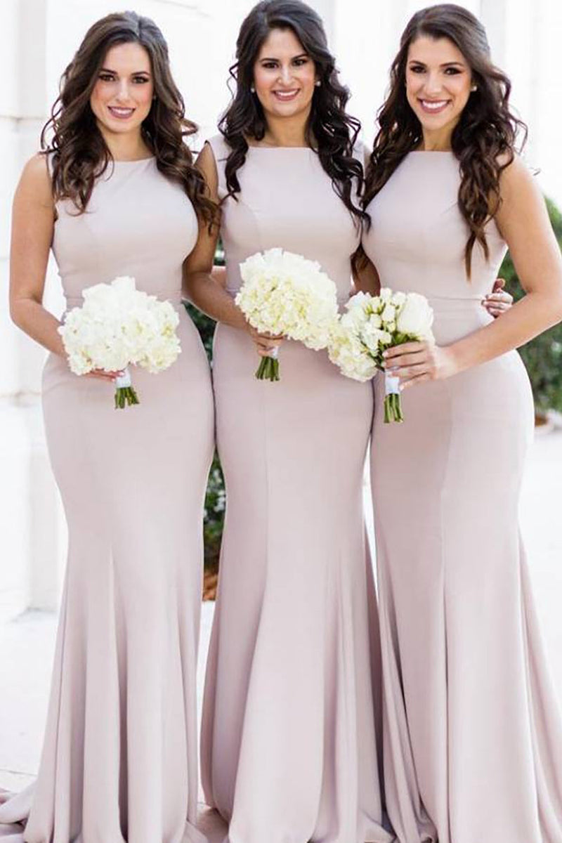 Load image into Gallery viewer, Dusty Rose Fitted Bateau Long Mermaid Bridesmaid Dress