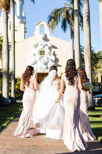 Dusty Rose Fitted Bateau Long Mermaid Bridesmaid Dress