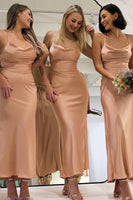 Load image into Gallery viewer, Dusty Rose Satin Sheath Lace-Up Back Bridesmaid Dress