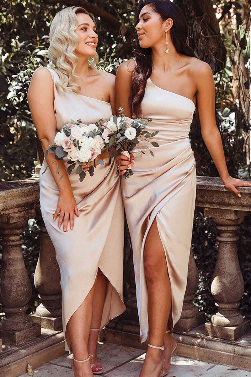 Load image into Gallery viewer, Champagne Satin One Shoulder High Low Bridesmaid Dress