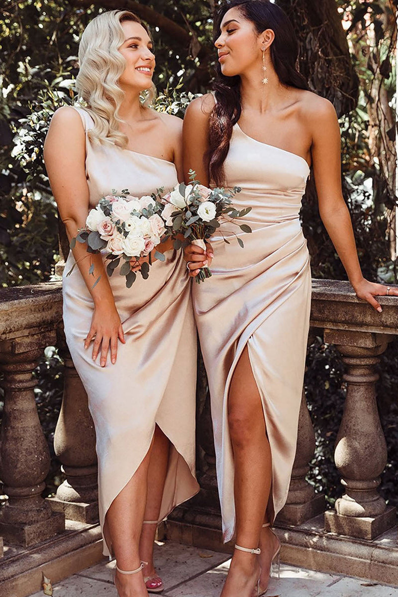 Queendancer Women Champagne Satin Ankle-Length Bridesmaid Dress One Shoulder High Low Wedding Party Dress – queendanceruk