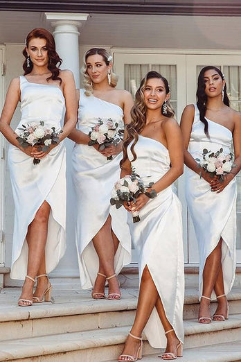 Champagne Satin One Shoulder High Low Bridesmaid Dress