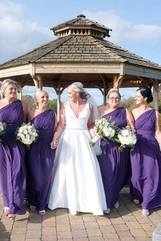 Purple Chiffon One Shoulder Tunic A-Line Long Bridesmaid Dress