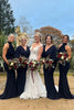 Load image into Gallery viewer, Navy Satin V-Neck Fitted Long Sleeve Long Bridesmaid Dress