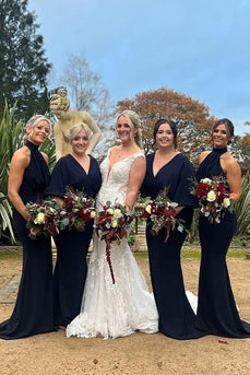 Navy Satin V-Neck Fitted Long Sleeve Long Bridesmaid Dress