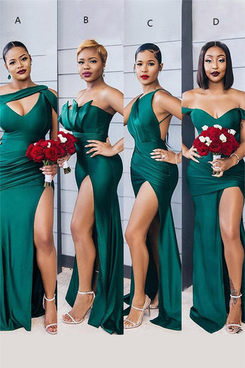 Emerald Green Satin One Shoulder Cutout Long Bridesmaid Dress with Side Slit