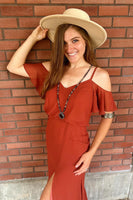 Load image into Gallery viewer, Rust Chiffon Cold Shoulder Bridesmaid Dress with High Slit