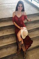 Load image into Gallery viewer, Rust Chiffon Cold Shoulder Bridesmaid Dress with High Slit