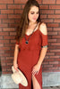 Load image into Gallery viewer, Rust Chiffon Cold Shoulder Bridesmaid Dress with High Slit