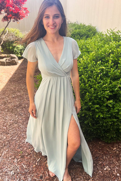 Light Green Chiffon V-Neck Short Sleeves Bridesmaid Dress with High Slit