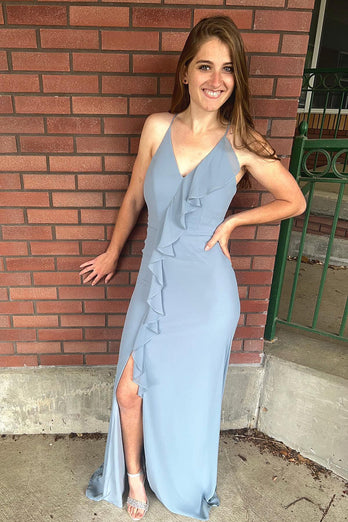 Grey Blue Chiffon Ruffles Spaghetti Straps Bridesmaid Dress with Slit