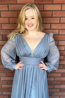 Load image into Gallery viewer, Grey Blue Chiffon Long Sleeves A-Line Bridesmaid Dress