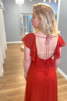 Red Chiffon Flutter Sleeves Backless Long Bridesmaid Dress With Slit
