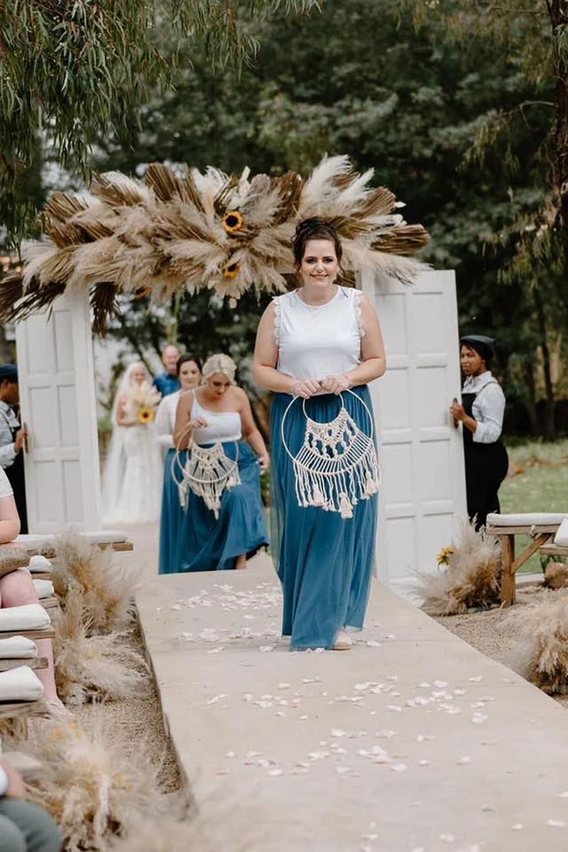 Load image into Gallery viewer, White Blue Tulle Round Neck Long Bridesmaid Dress
