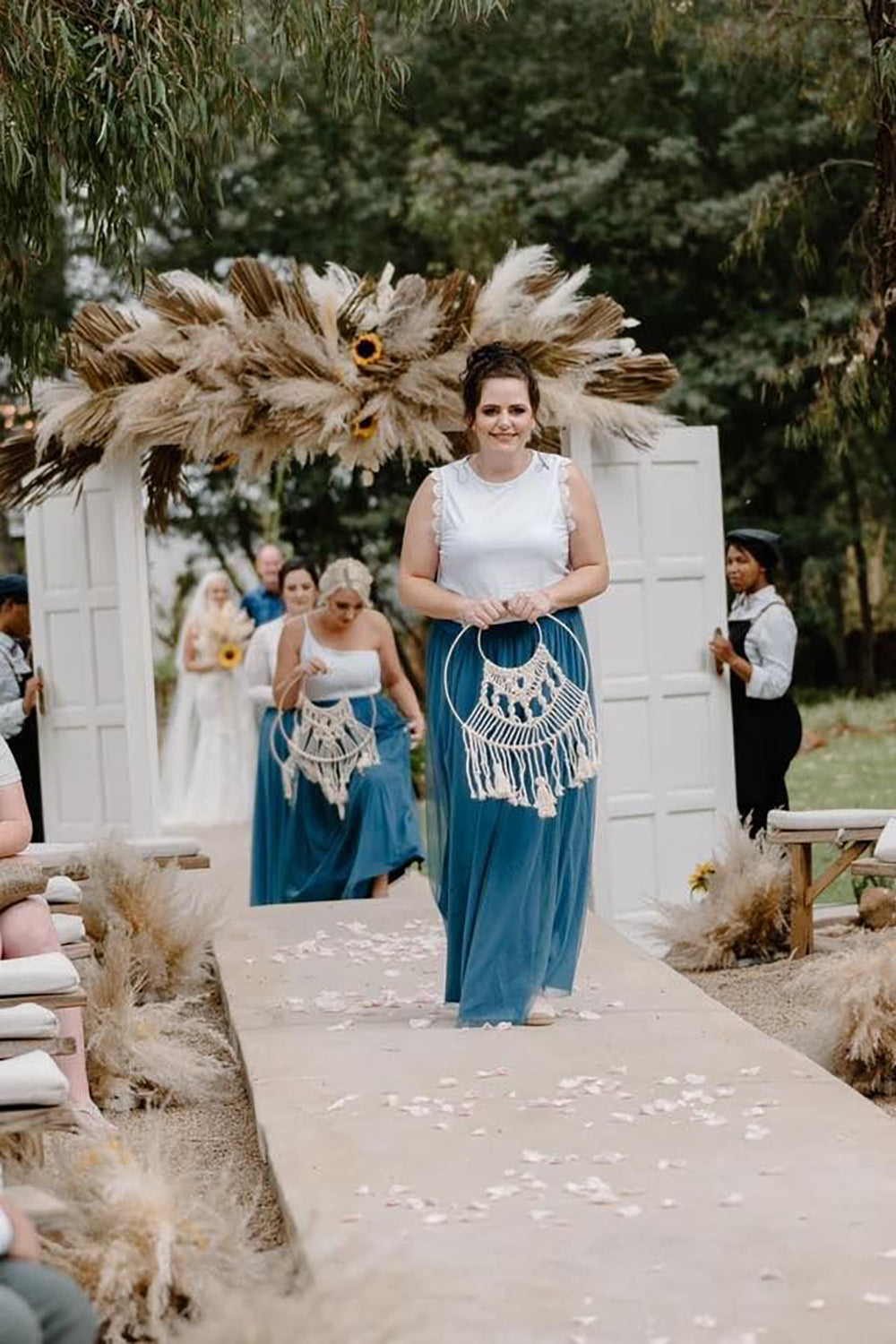 White Blue Tulle Round Neck Long Bridesmaid Dress