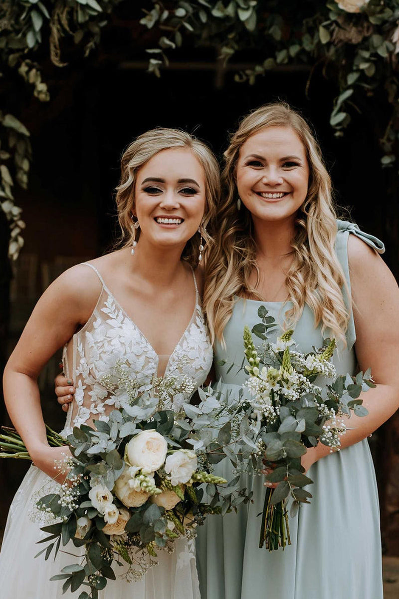 Load image into Gallery viewer, Grey Green Chiffon Adjustable Straps A-Line Long Bridesmaid Dress