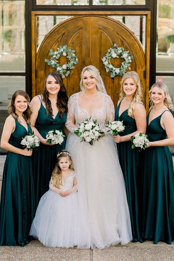 Dark Green Chiffon Spaghetti Straps A-Line Long Bridesmaid Dress