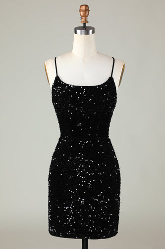 Sparkly Black Zipper Backless Sequins Tight Short Party Dress