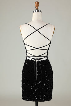 Sparkly Black Zipper Backless Sequins Tight Short Party Dress
