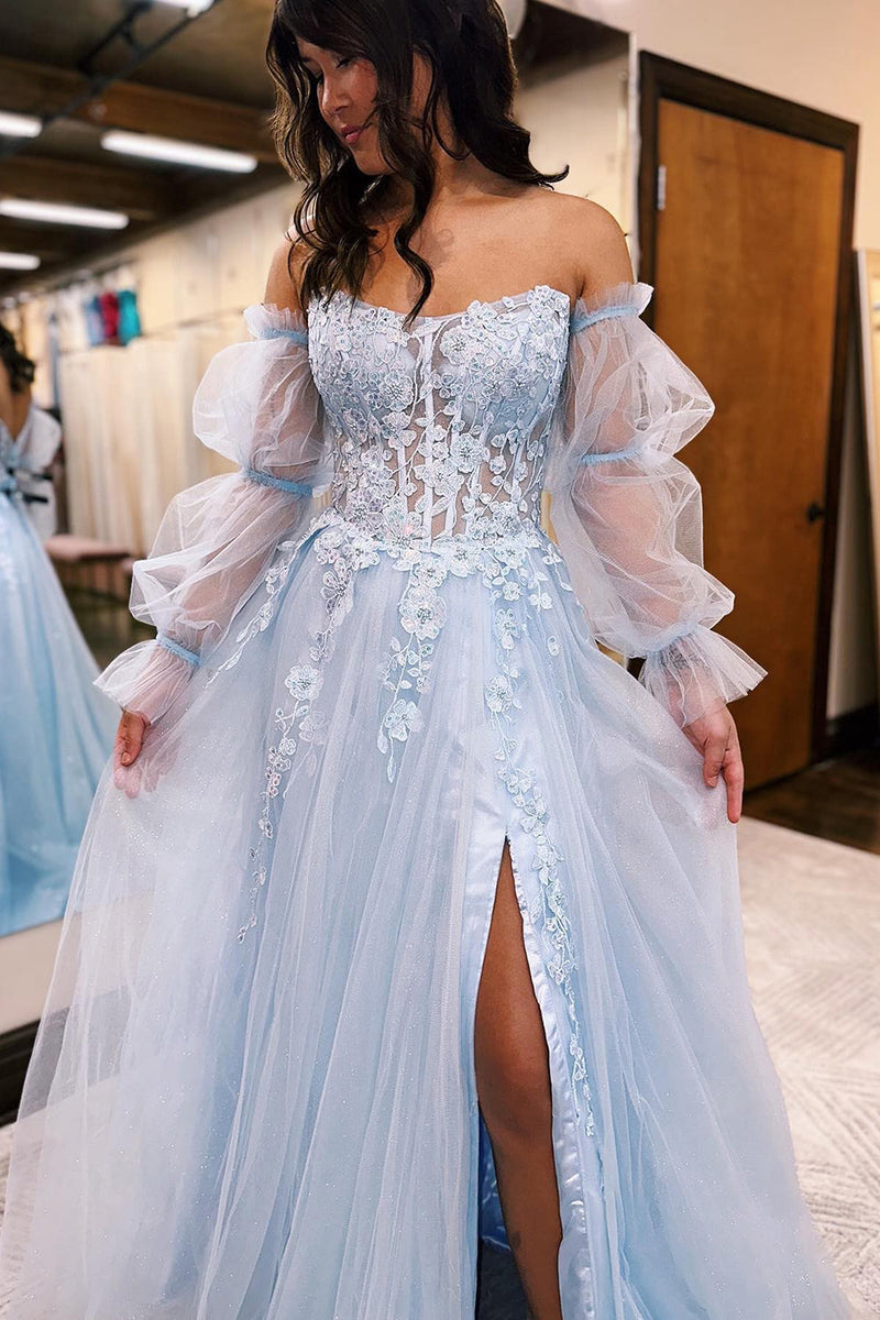 Load image into Gallery viewer, Light Blue Puff Sleeves Corset Long Prom Dress with Lace