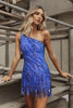 Load image into Gallery viewer, Women Sparkly Blue Sequined Tight Short Party Dress with Fringes One Shoulder Cocktail Dress