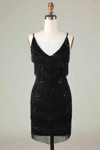 Sparkly Black Fringed Sequins Tight Short Party Dress