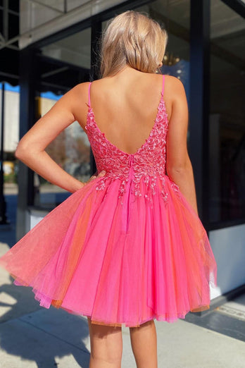 Hot Pink A-Line Tulle Short Prom Dress with Lace