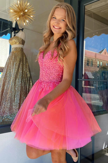 Hot Pink A-Line Tulle Short Prom Dress with Lace