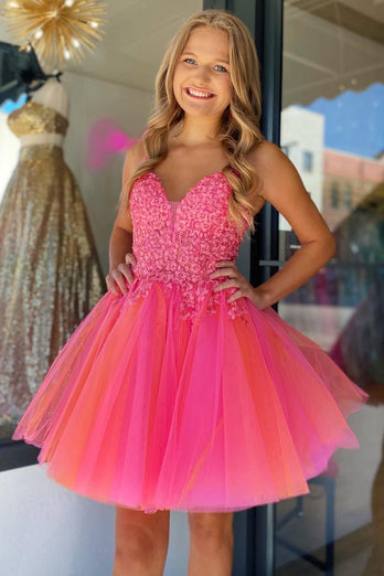 Hot Pink A-Line Tulle Short Prom Dress with Lace