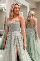 Load image into Gallery viewer, Sweetheart Beaded Light Green Long Prom Dress with Slit Front