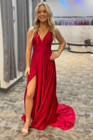 Load image into Gallery viewer, Spaghetti Straps Red Long Prom Dress with Slit