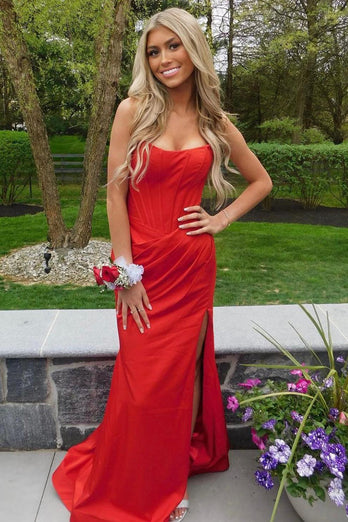 Mermaid Strapless Red Corset Prom Dress with Slit