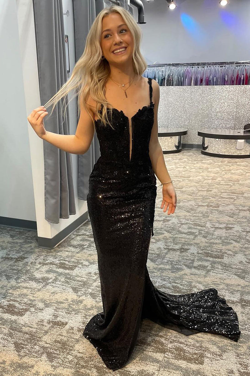 Load image into Gallery viewer, Sparkly Mermaid Sequins Black Long Prom Dress with Slit Front