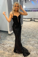 Load image into Gallery viewer, Sparkly Mermaid Sequins Black Long Prom Dress with Slit Front