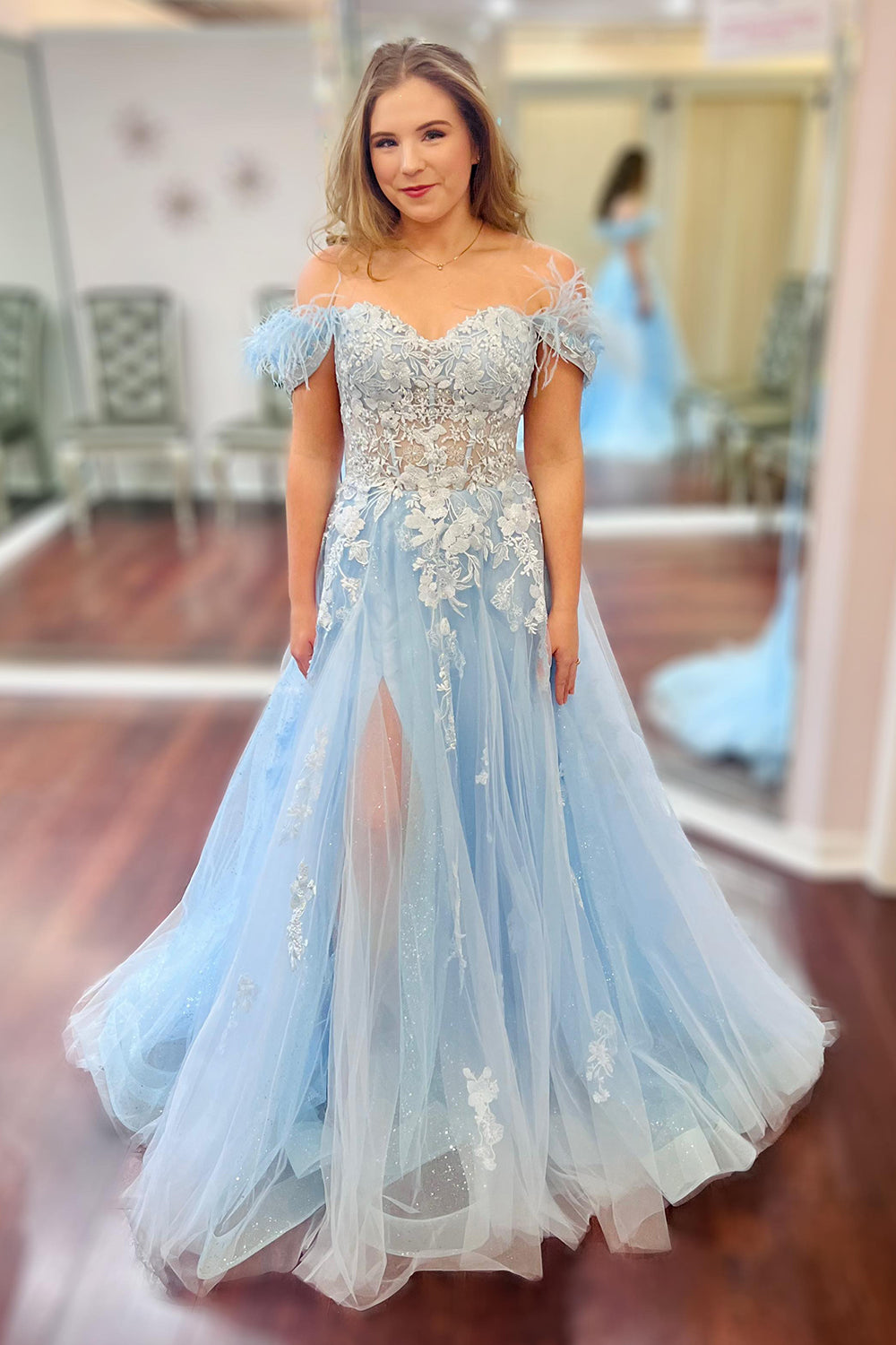 Glitter Off The Shoulder Light Blue Corset Prom Dress with Appliques