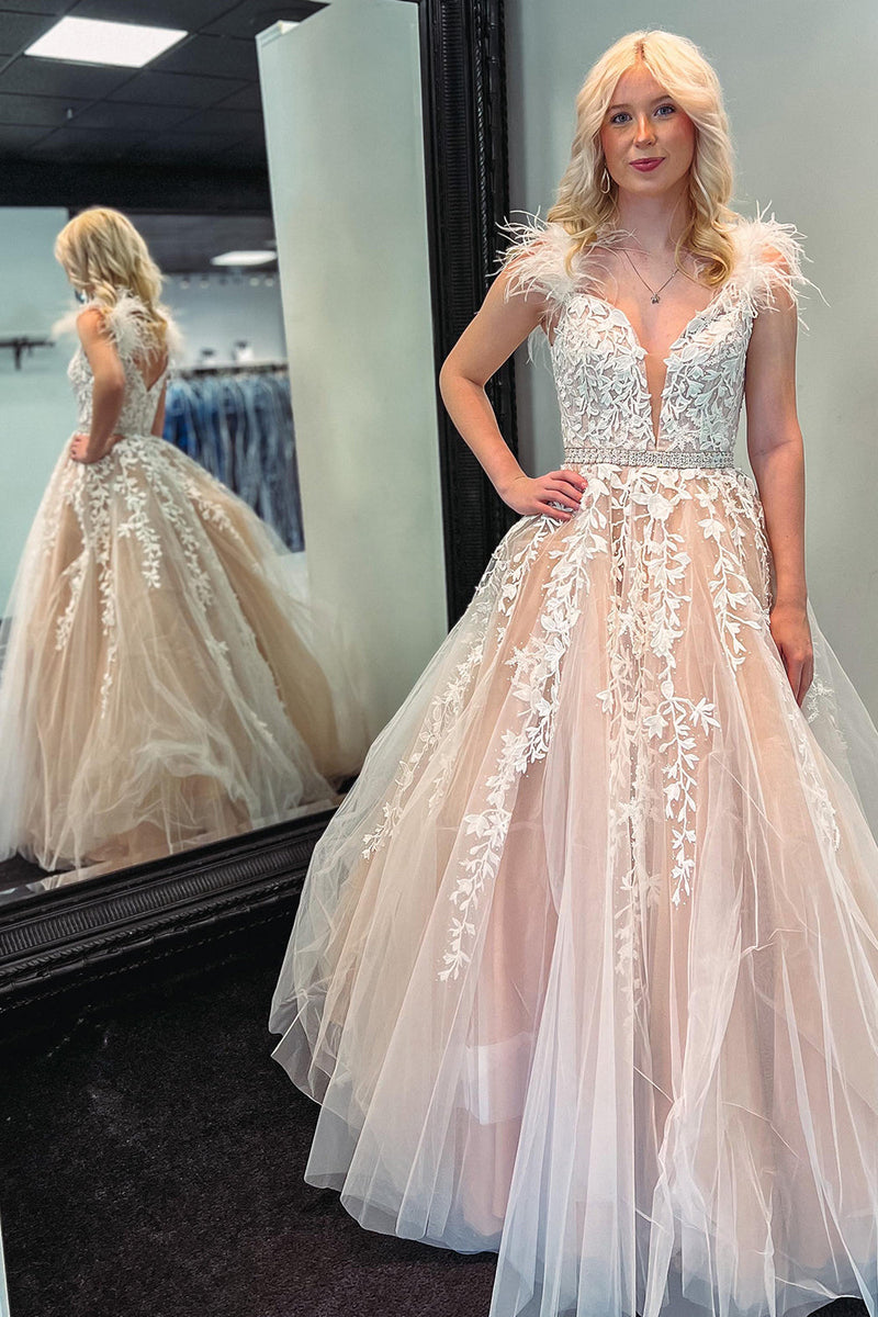 Load image into Gallery viewer, Deep V-Neck Blush Long Prom Dress with Appliques