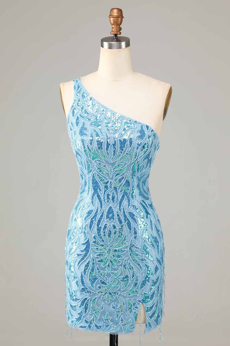 Load image into Gallery viewer, Sheath One Shoulder Blue Sequins Short Party Dress with Tassel