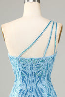 Load image into Gallery viewer, Sheath One Shoulder Blue Sequins Short Party Dress with Tassel