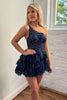 Load image into Gallery viewer, Sparkly Black Tiered Lace One Shoulder Short Prom Dress