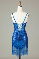 Load image into Gallery viewer, Sheath Spaghetti Straps Peacock Blue Sequins 1920s Dress with Tassel