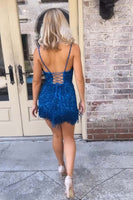 Load image into Gallery viewer, Sparkly Peacock Blue Beaded Tight Short Party Dress with Fringes