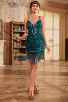Load image into Gallery viewer, Sheath Spaghetti Straps Peacock Blue Sequins 1920s Dress with Tassel