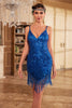 Load image into Gallery viewer, Bodycon Spaghetti Straps Blue Sequins 1920s Dress with Tassel