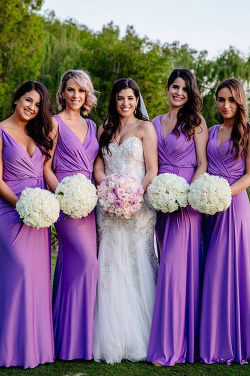 Load image into Gallery viewer, Deep V-Neck Sleeveless Purple Long Bridesmaid Dress
