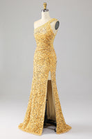 Load image into Gallery viewer, Mermaid Sequins One Shoulder Golden Prom Dress with Slit