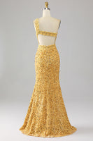 Load image into Gallery viewer, Mermaid Sequins One Shoulder Golden Prom Dress with Slit